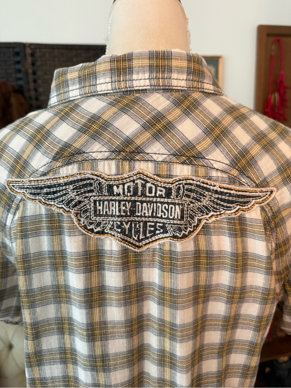 🏍️ Harley-Davidson Plaid Snap Button Women's Shirt Large Winged Back Logo Sz L